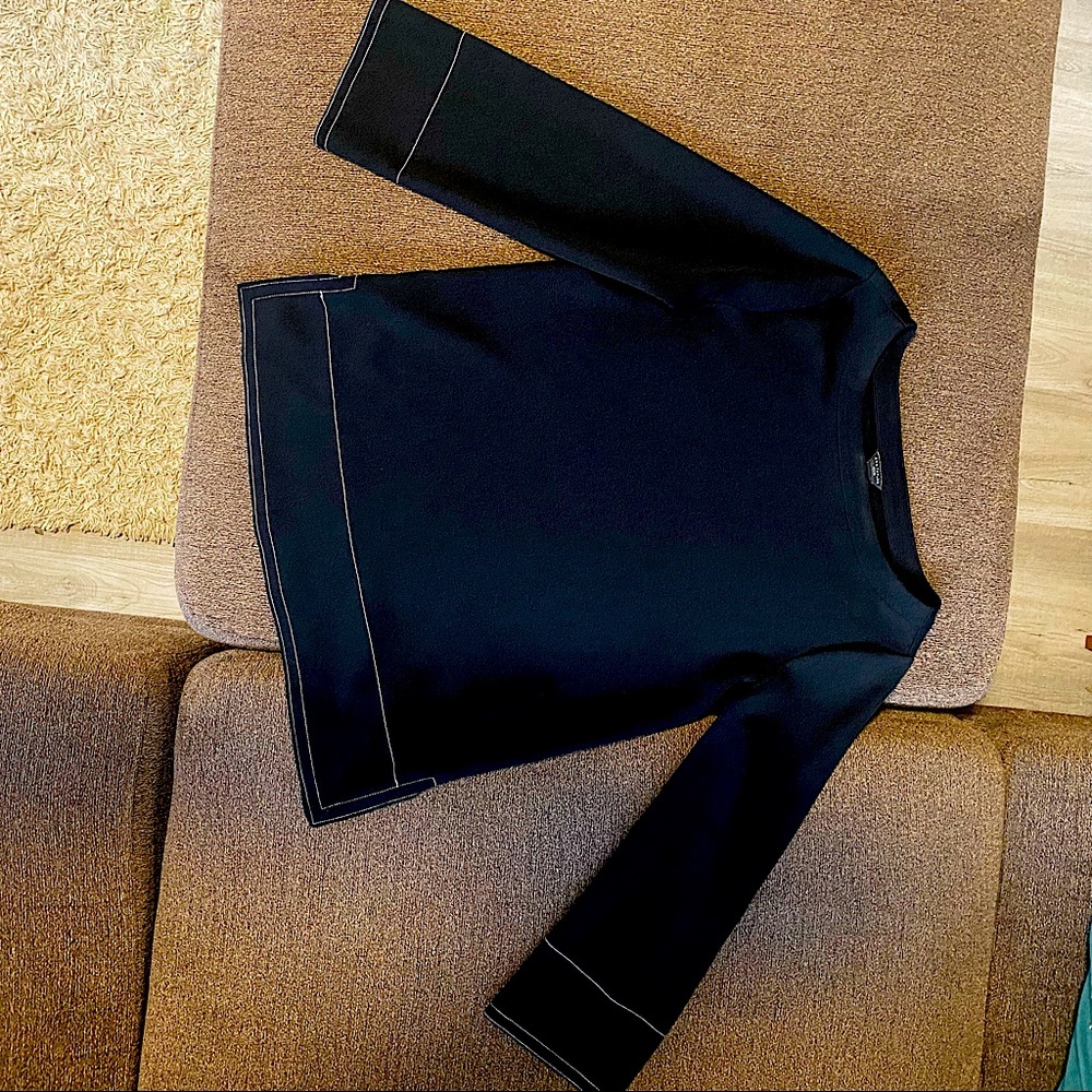 Ann Taylor Boatneck Black Top with White Stitching. Size: SP Petite